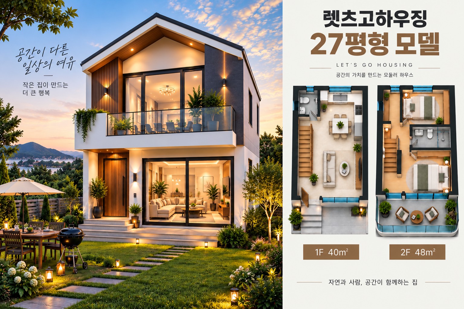 27평형 목조주택 외관과 평면 구성